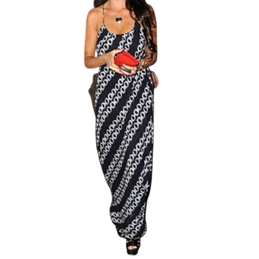 Vince Navy White Maxi Dress Large | Designer Flowy Patterned Resort Boho Dress